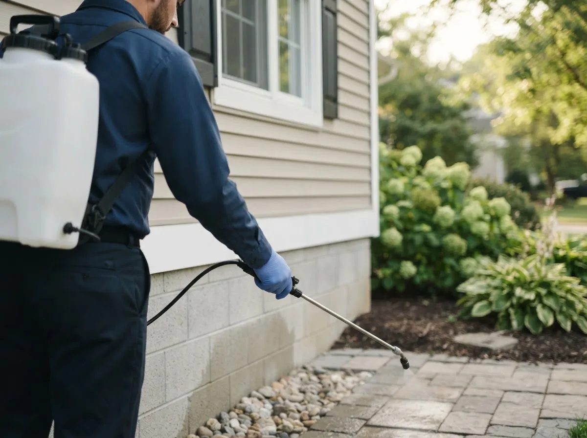 Pest control technician inspecting a home in Polk, OH